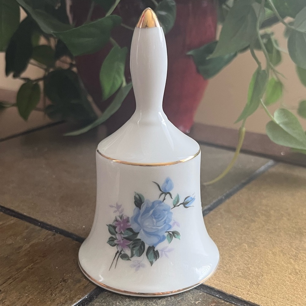 Vintage Japanese Gold Trim Bell Light Blue Flowers